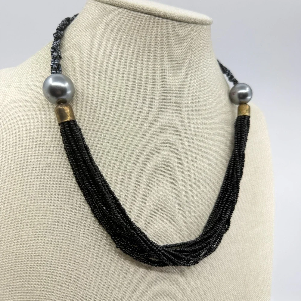 Necklace Black Seed Bead Multi Strand Gray Faux Pearl Boho Statement Collar Gold
